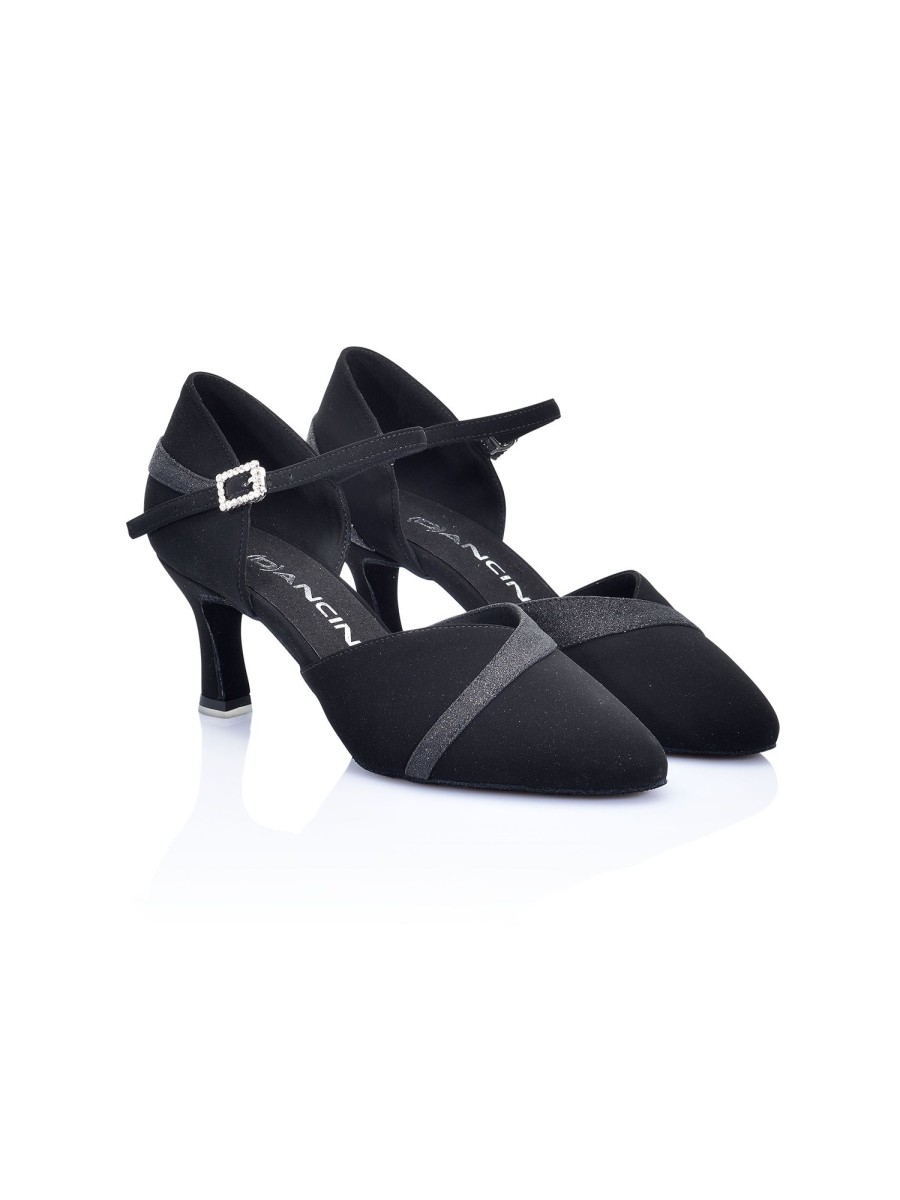 Scarpe DAN(C)IN Punta Chiusa | Scarpe Da Ballo Dancin Chiusa In Nabuck E Glitter Nero Tacco 5,5 Cm